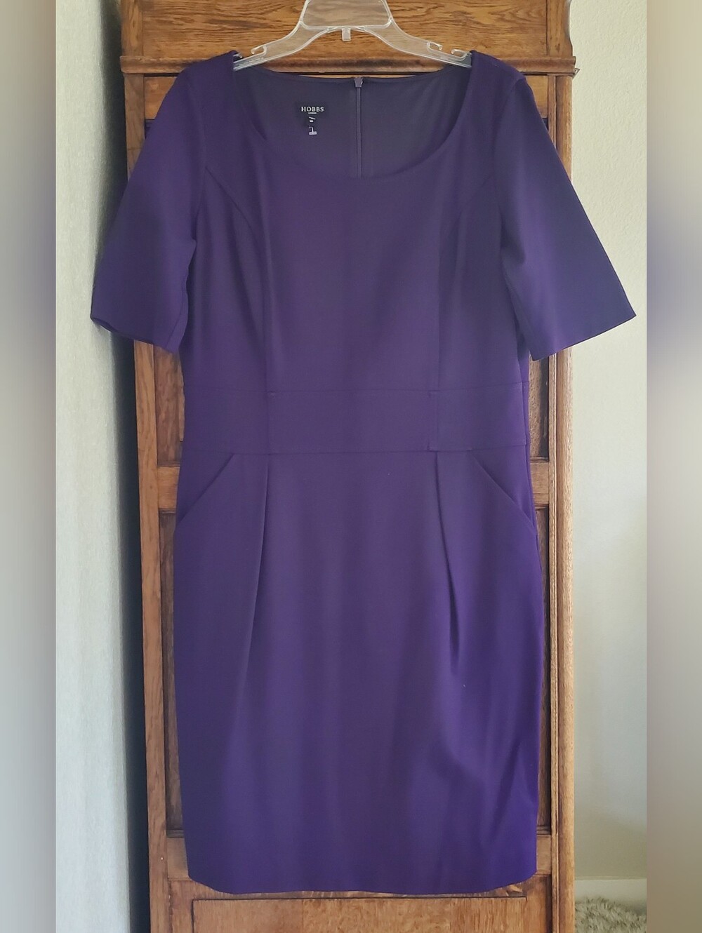 HOBBS LONDON DEEP PLUM STRUCTURED SHORT SLEEVE PENCIL DRESS UK 16/ US 12 NWOT